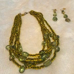 Green beaded necklace and earring set